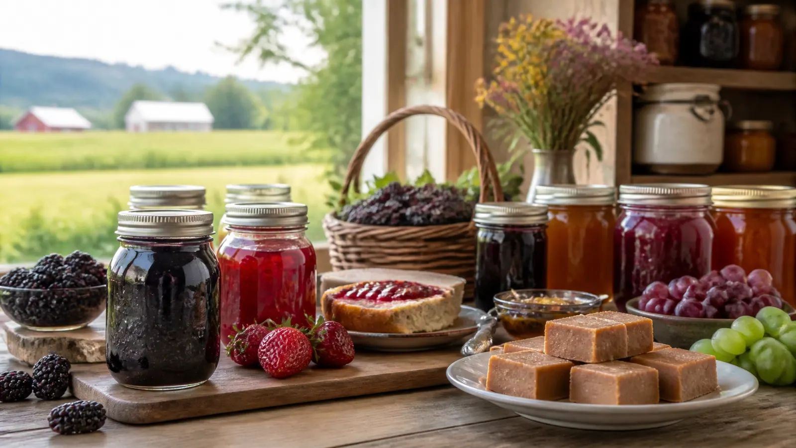 Jars of homemade preserves and squares of peanut butter fudge on a farm kitchen table
